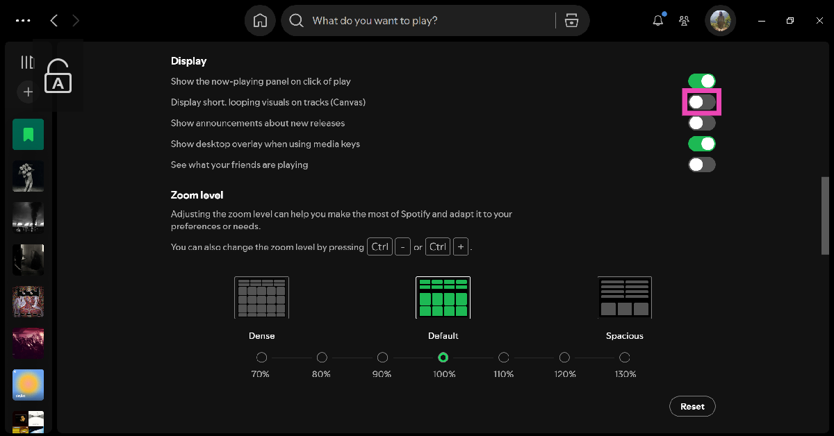 Step 4: Turn off the toggle switch next to Display short, looping visuals on tracks (Canvas). How to disable Canvas and restore album covers on Spotify