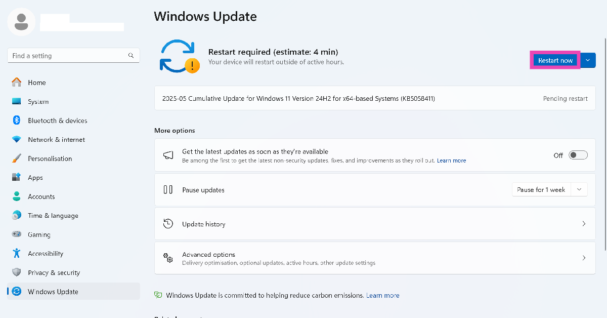 Step 2: Hit Restart now in the top right section of the screen. This option will only appear when the new updates have been downloaded.