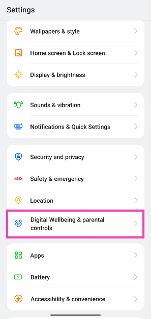 Step 1: Go to Settings and tap on Digital Wellbeing & parental controls.