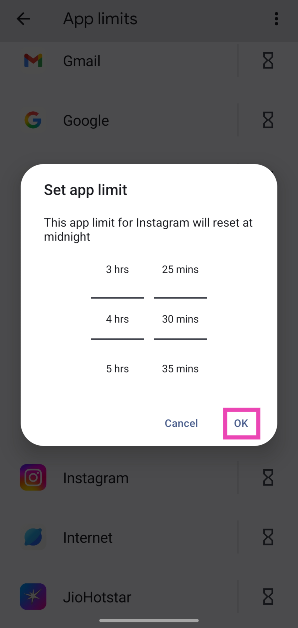 Step 4: Use the sliders to set the time limit and hit OK. The time limit will reset at midnight.