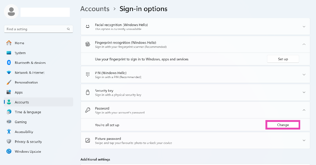 Step 3: Expand the Password category and click on Change.