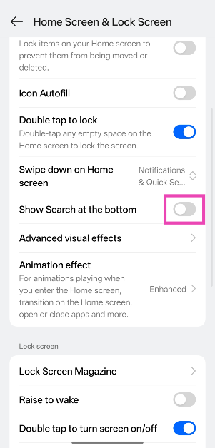 Step 10: If you want to keep the swipe down gesture for the notification shade and quick settings, turn on the toggle switch next to Show Search at the bottom.