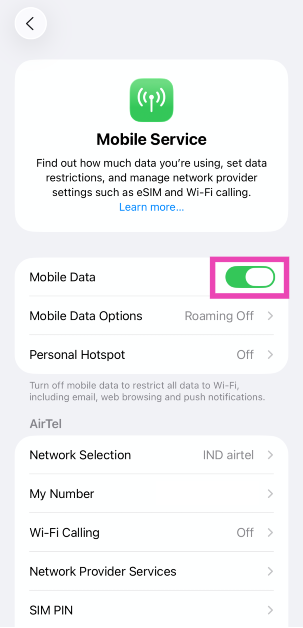 Step 2: Turn off the toggle switch next to Mobile Data. 10 Ways to Fix ‘No Service’ Issue on an iPhone