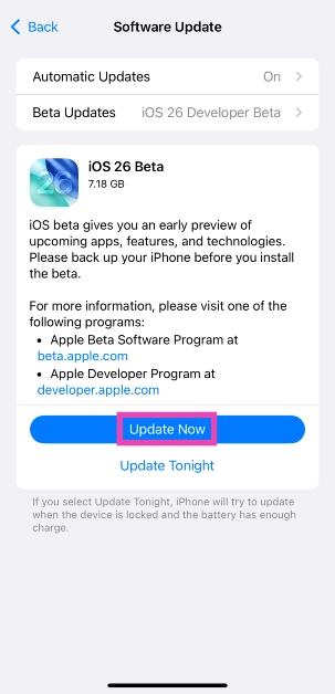 Step 10: Go to the previous page and tap on Update Now. How to download iOS 26 Developer Beta on your iPhone