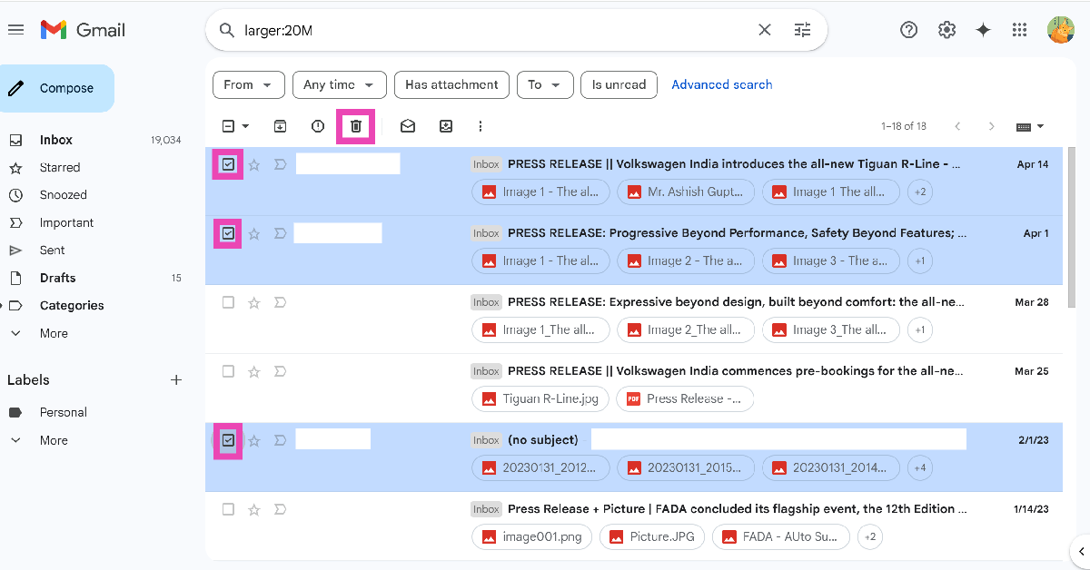 Step 5: Alternatively, type larger:[size]M in the search box and hit Enter. For example, if you want to view emails with attachments that are larger than 20MB, type larger:20M and hit Enter.