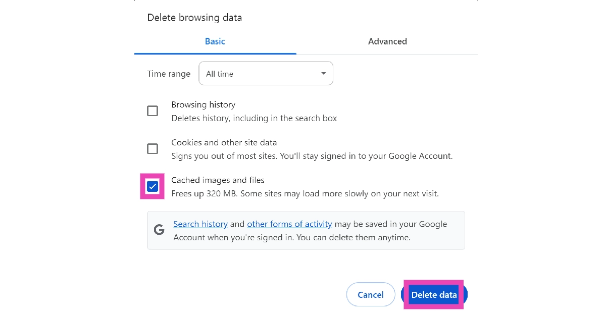 Step 4: Uncheck the boxes next to Browsing history and Cookies and other site data. Hit the checkbox next to Cached images and files.