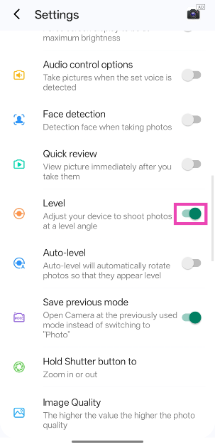 Step 7: Scroll down and turn on the toggle switch next to Level. How to add level and grid lines to your Android phone’s camera app