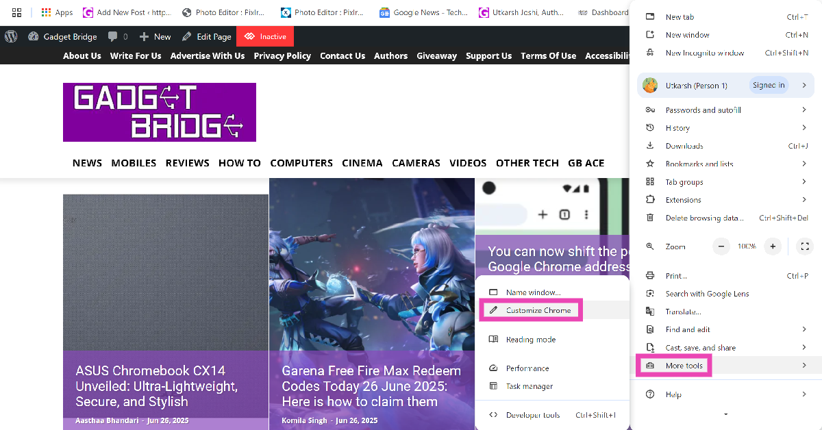 Step 2: Go to More Tools and select Customise Chrome.