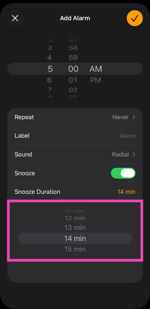 Step 5: Tap on Snooze and use the slider to set a custom duration. It can be anywhere between 1 and 15 minutes. You can now change the snooze duration of your iPhone alarms: Here’s how