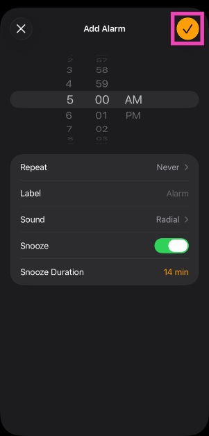 Step 6: Once you’ve set up the snooze duration, hit the tick icon in the top right corner of the screen. 