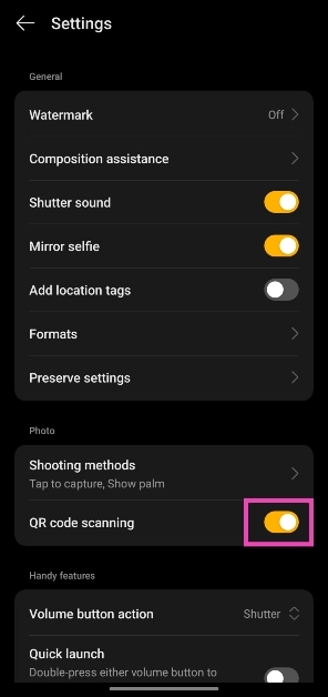 Step 4: Turn on the toggle switch next to QR code scanning.