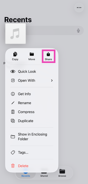 Step 3: Long-press the audio file and hit the Share icon.