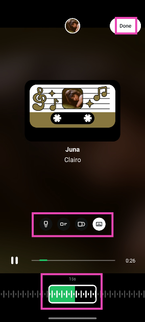 Step 8: Use the seek bar at the bottom of the screen to choose the segment of the song you want to post. Additionally, you can change the layout of the album artwork by tapping one of the options on the screen.