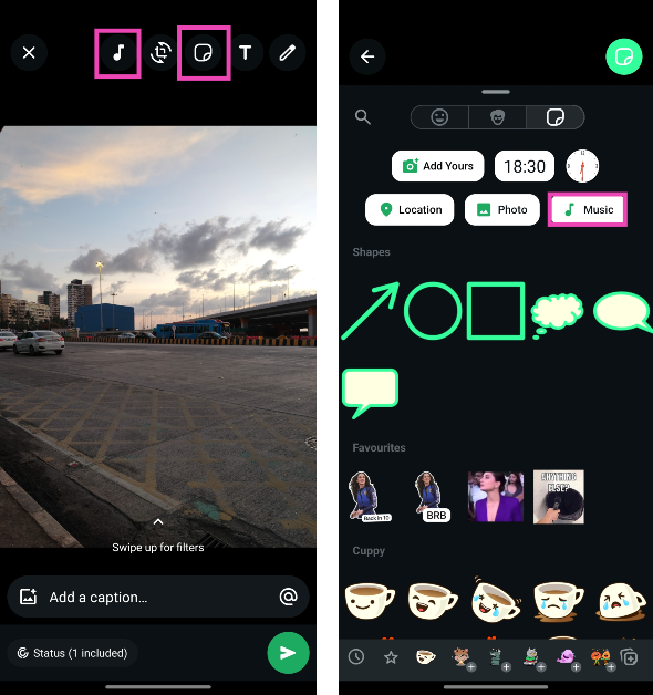 Step 5: Hit the music note icon at the top of the screen. Alternatively, tap the sticker icon and select Music. How to upload a song as your WhatsApp status
