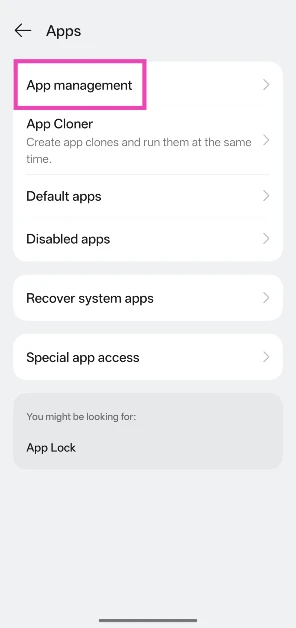 Step 2: Tap on App management.