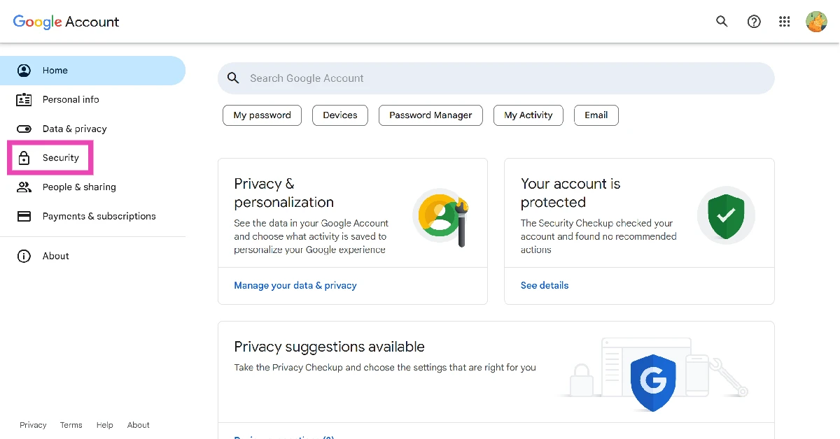 Step 2: Select Security from the sidebar.