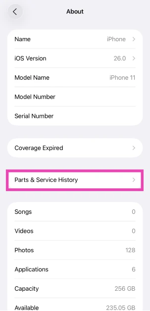 Step 3: Select Parts & Service History.