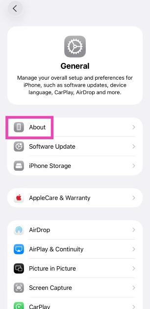 Step 2: Tap on About and navigate to the Serial Number.