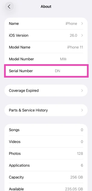 Step 3: Note down the serial number of your device.