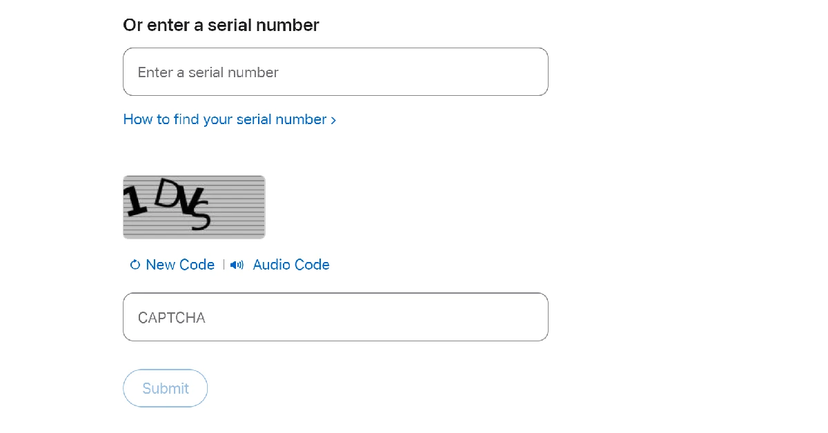 Step 5: Enter your iPhone's serial number and the on-screen CAPTCHA.