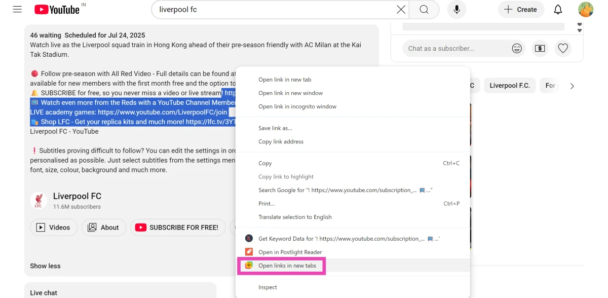 Step 2: Select text containing multiple links and right-click it.