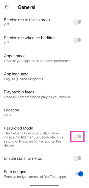 Step 4: Turn off the toggle switch next to Restricted Mode.