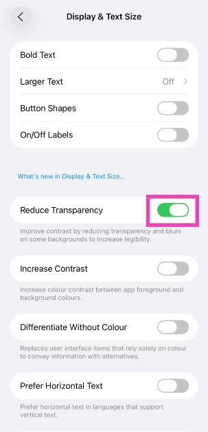 Step 4: Turn on the toggle switch next to Reduce Transparency.