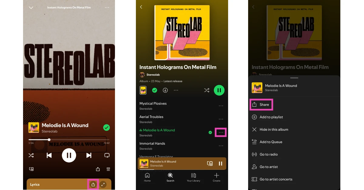 Step 2: Tap the ellipses next to the song and hit Share, or tap the share icon in the media player.