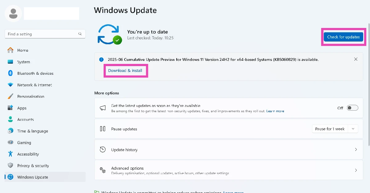 Step 2: Click on Check for updates.