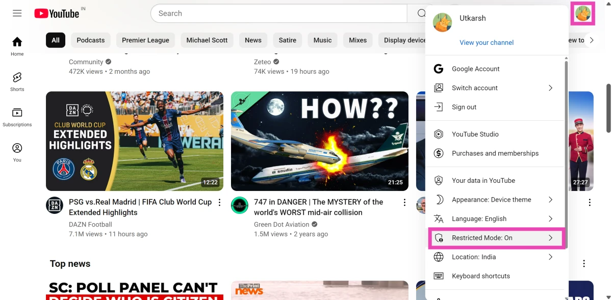 Step 2: Click on Restricted Mode.