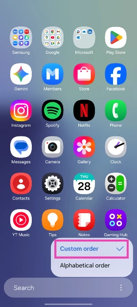 Step 4: Select Custom order. How to restore the app drawer pages on your Samsung phone
