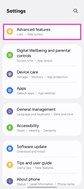 Step 1: Go to Settings and select Advanced features.