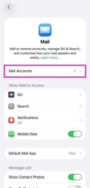 Step 3: Select Mail Accounts.