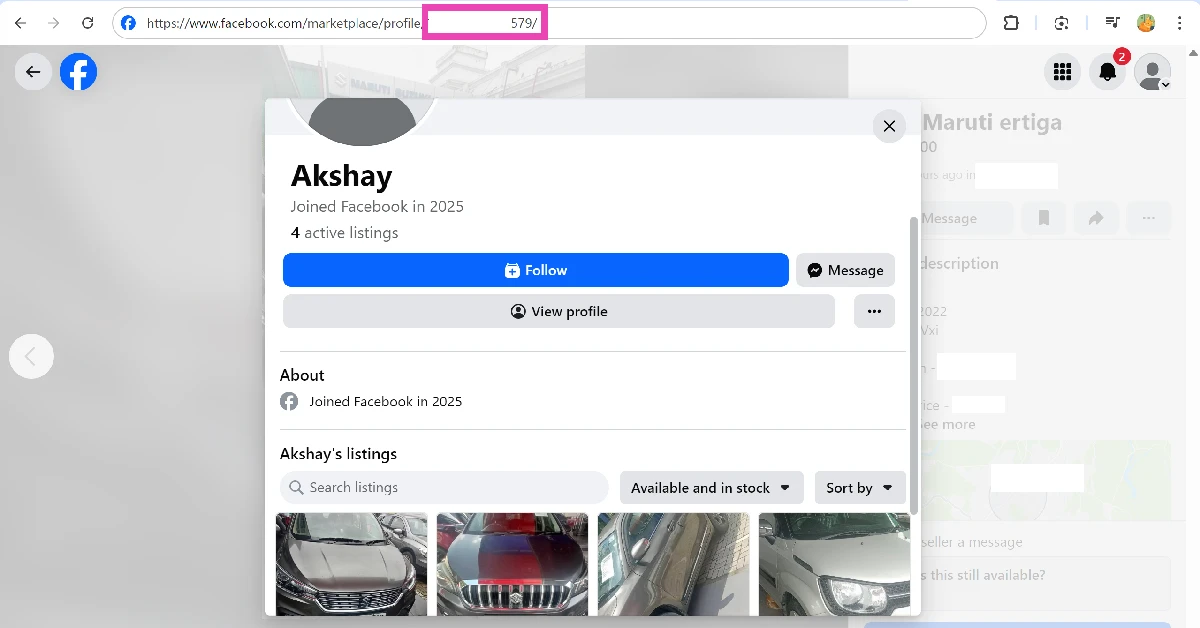 Step 5: The profile pop-up will mention when the seller created their Facebook account.