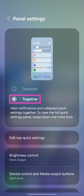 Step 4: Hit the empty checkbox under Together. This will restore the previous Quick Settings layout.