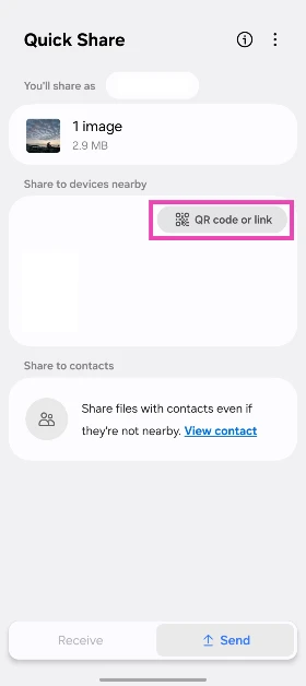 Step 4: Tap the Use QR code option in the ‘Send to nearby devices’ panel.