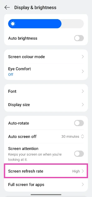 Step 2: Scroll down and tap on Screen refresh rate.