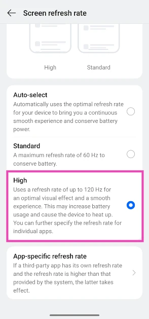 Step 3: Select a refresh rate from the list. You can also customise the refresh rates of specific apps.