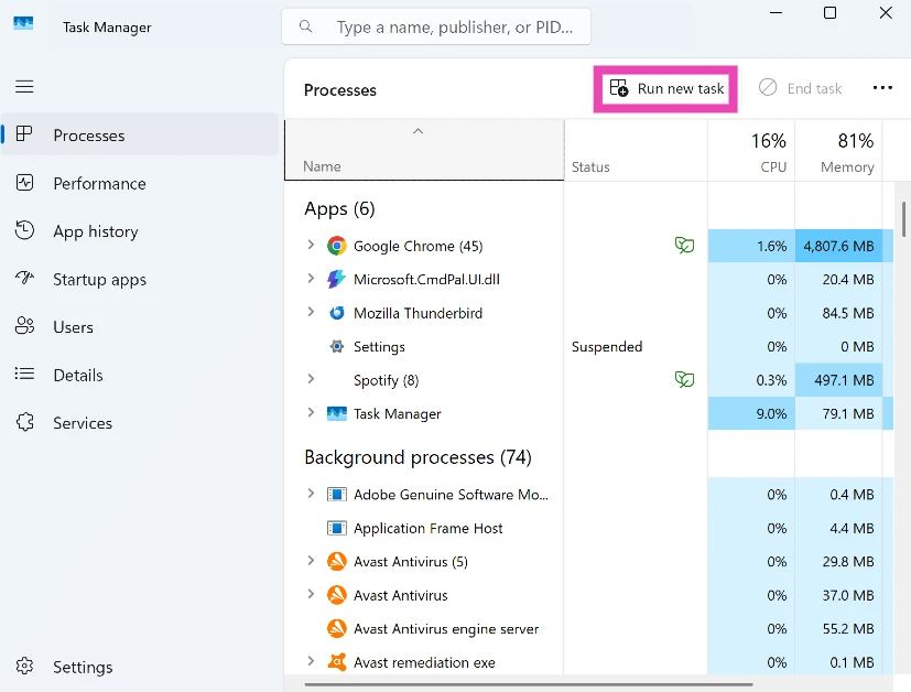 Step 2: Click on Run new task.
