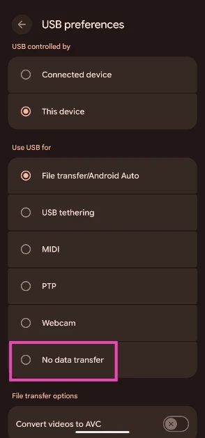 Step 2: Select No data transfer in the 'Use USB for' category.