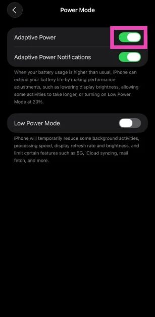 Step 4: Turn on the toggle switch next to Adaptive Power.