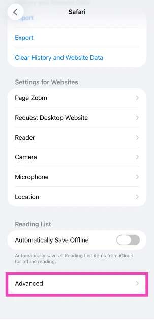 Step 5: Scroll down to the bottom and tap on Advanced.