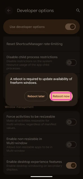 Step 6: You will be prompted to restart your smartphone. Hit Reboot in the pop-up box. How to enable Desktop Mode on Android 16