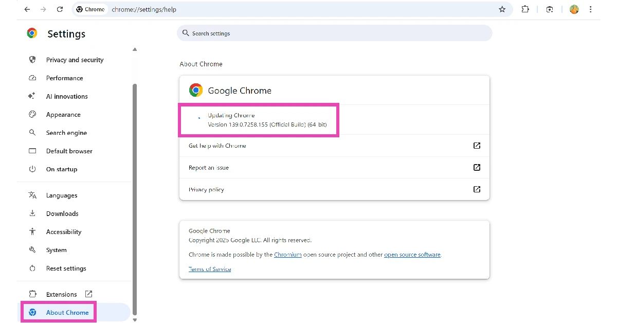 Step 3: Go to the About Chrome tab. Google Chrome will automatically download the latest update.
