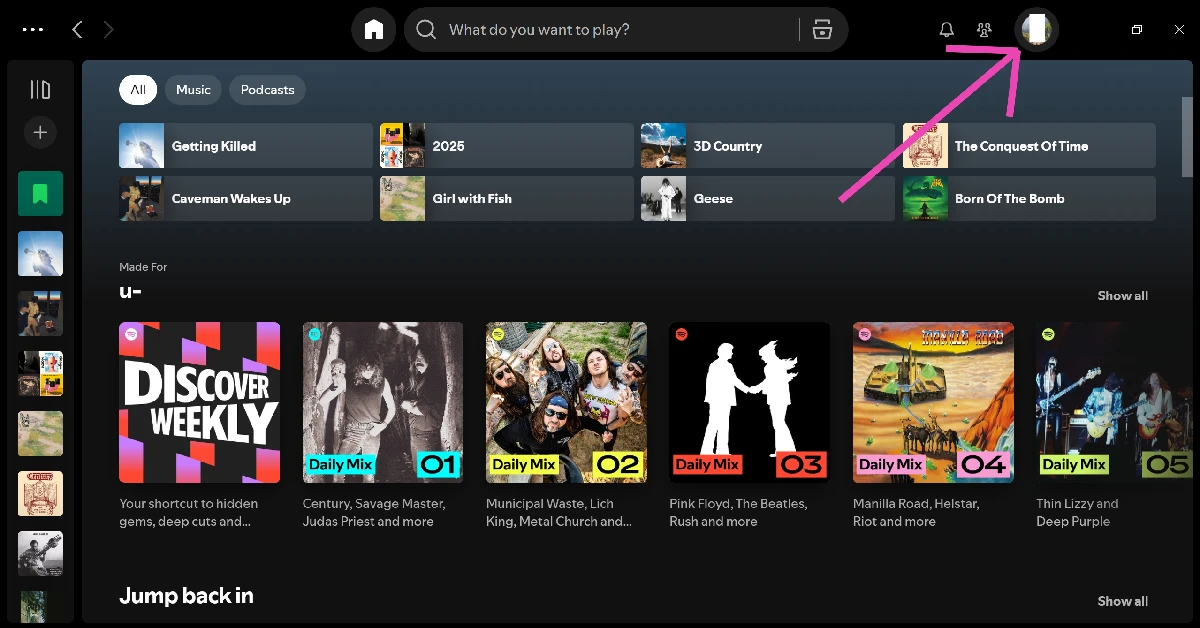 Step 2: Click your profile picture in the titlebar. How to enable Lossless Audio in Spotify