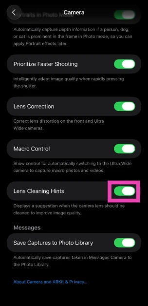 Step 3: Turn on the toggle switch next to Lens Cleaning Hints.