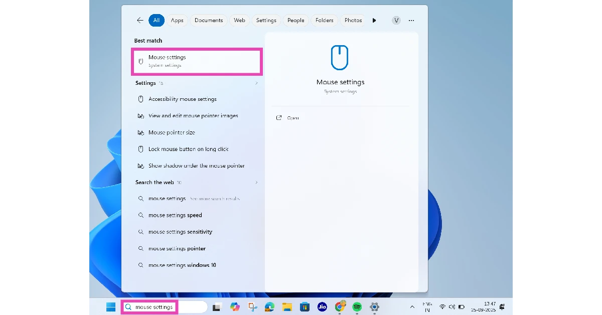 Step 1: Click the search bar in the taskbar and search for 'Mouse settings'.