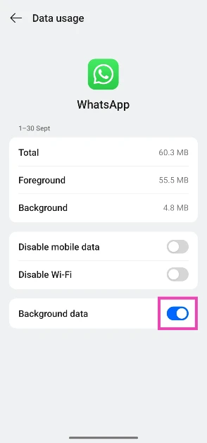 Step 4: Turn on the toggle switch next to Background data. WhatsApp notifications not working? Try these 12 fixes