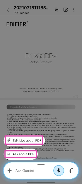 Step 4: Gemini will recognise the PDF on the screen. Tap the ‘Ask about this PDF’ or 'Talk about this PDF' option on top of the text box.
