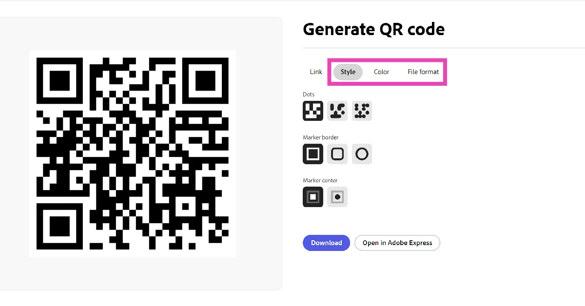 Step 3: Choose a Style, Colour, and File Format for the QR code.